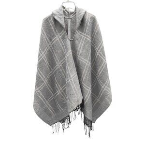 Sweater Poncho Shawl Plaid Light Grey/Gray, Black, White with Hood and Fringe